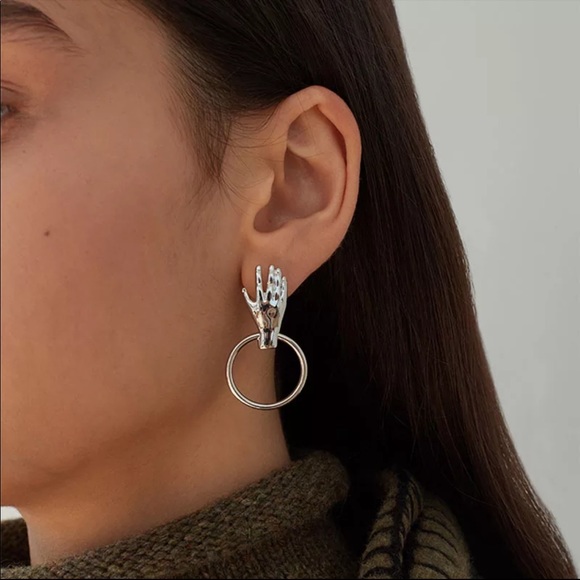 Silver Vintage Metal Hands Drop Earrings - Picture 2 of 8